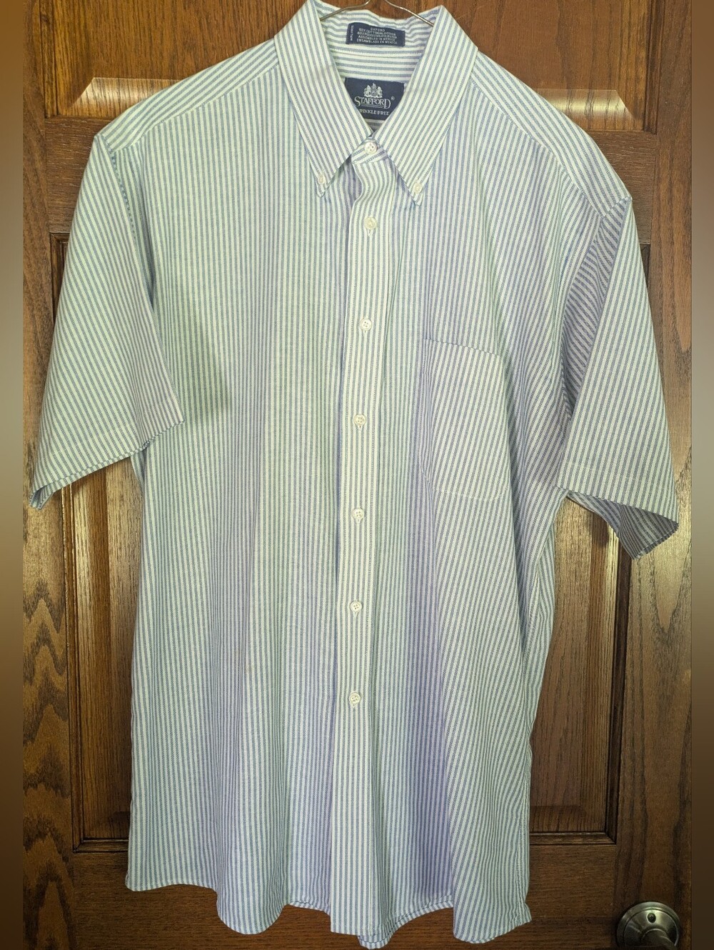 Stafford Men’s Short Sleeve Button-Down Shirt - Blue & White Stripes - Size 17